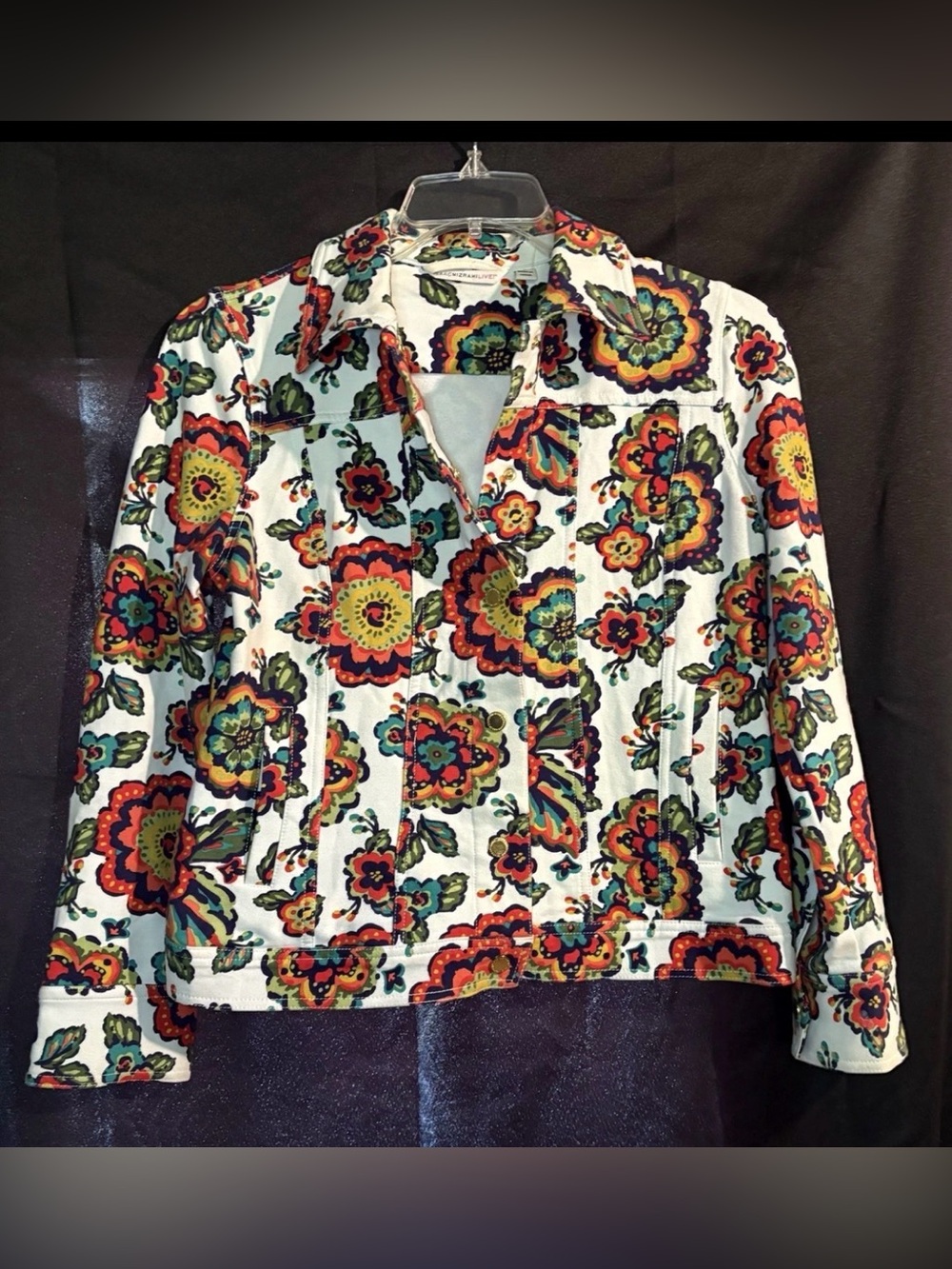Isaac Mizrahi White Floral Jean Jacket with Red, Yellow, Green, Blue Accents